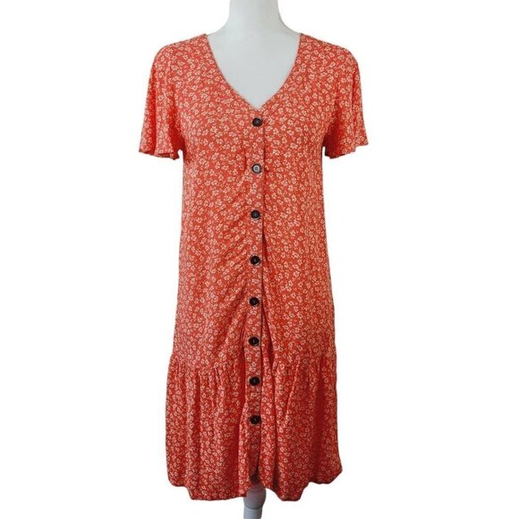 Magnolia Skye Floral Knee Length Dress Bright Coral Orange Cottage Prairie Small - Picture 1 of 9